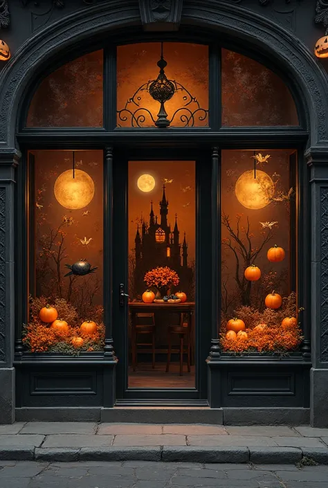 Une facade de magasin avec 3 vitrines qui commencent  à demi hauteur. Les vitrines sont peintes à l'occasion de Halloween avec d...