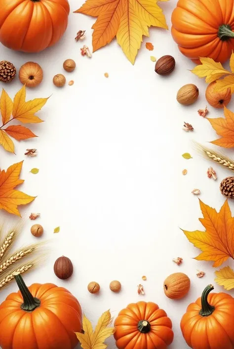 Autumn flat background with lots of pumpkins,  lots .  , walnuts, pine cones, orange and yellow leaves, ears of wheat, warm and ...