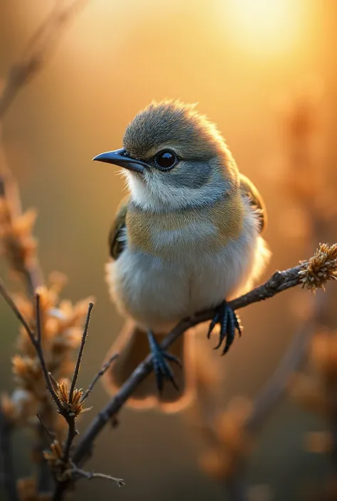 A mesmerizing close-up portrait of a gorgeous little bird illuminated by the soft, golden light of a tranquil morning, with vibr...