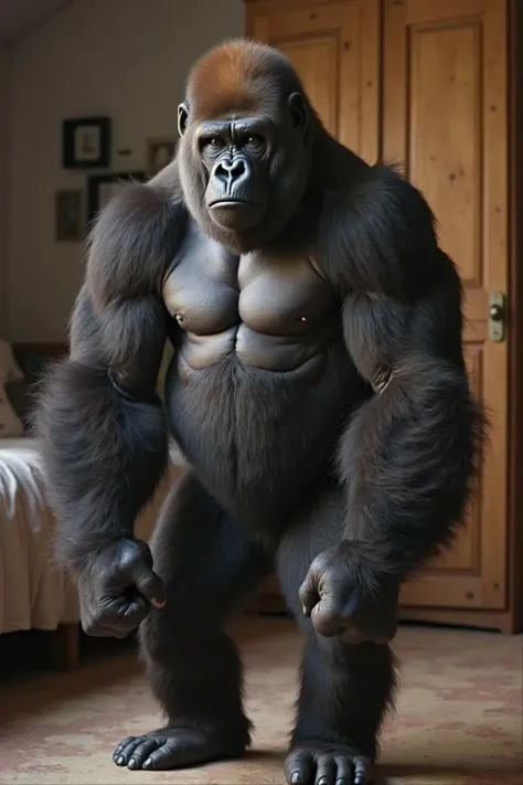 homme gorille, ultra virile, beau, musclé, ultra realiste, selfie, dans une chambre