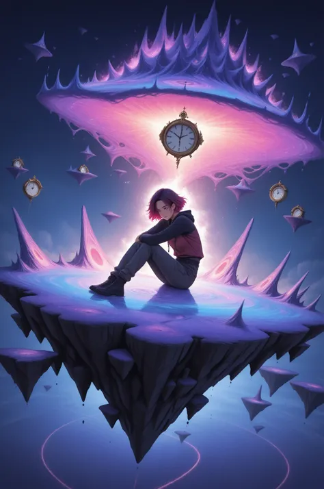 high quality, masterpiece, best quality, surreal anime scene of a contemplative character sitting at the edge of an impossible l...