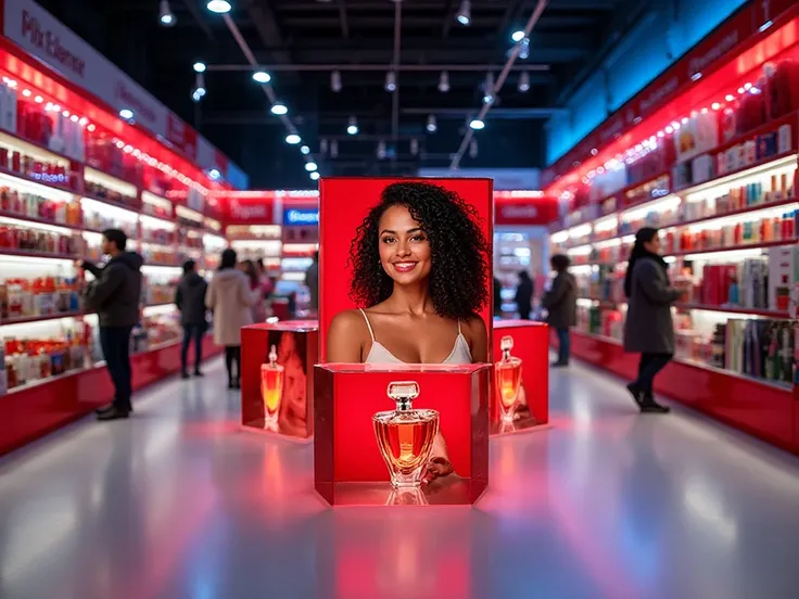 Create a realistic scenario of a point of sale (PDV) of cosmetics and perfumery products. The inner color is white, with red gon...