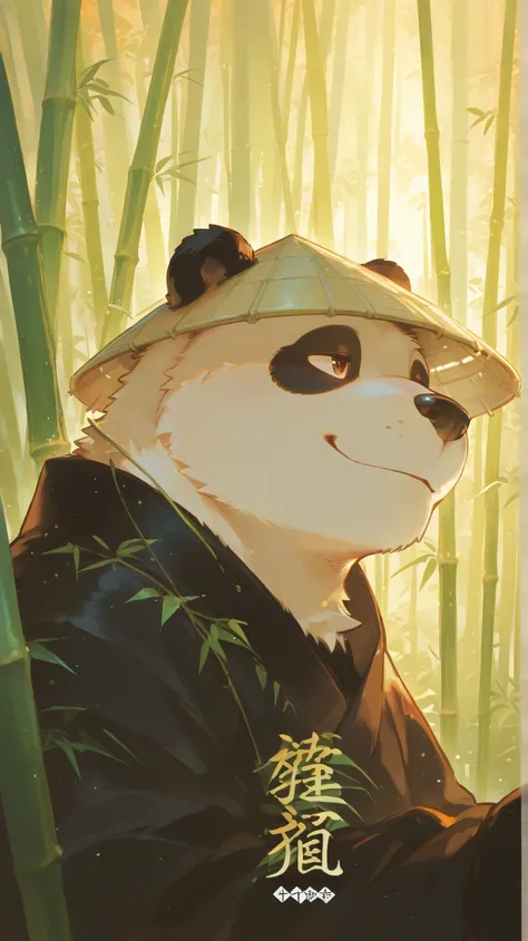 Giant Panda,male,black and white fur,Chubby,Cute,Smile,
, robust, furry, drizzle,bamboo forest,bamboo, bamboo leaves ,single,rai...