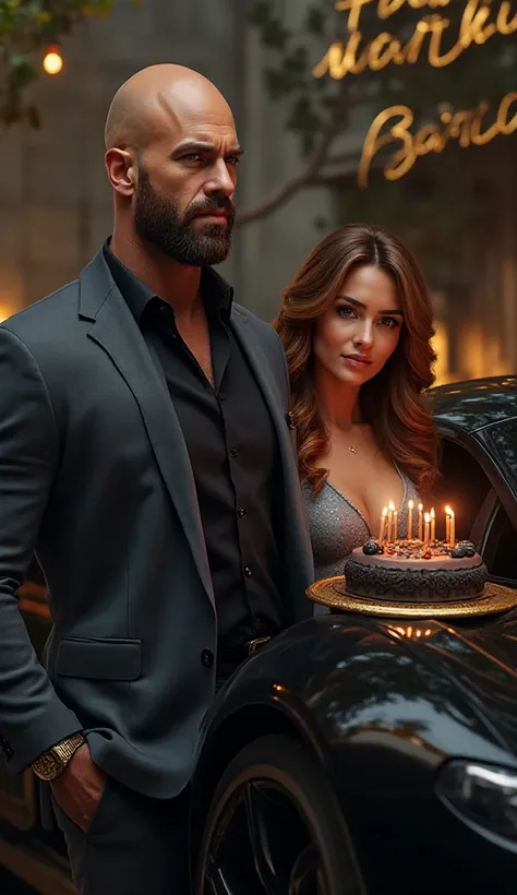 Bald man with muscular beard wearing a gray suit and black shirt, golden watch. Next to it a car kit, the one from the series th...