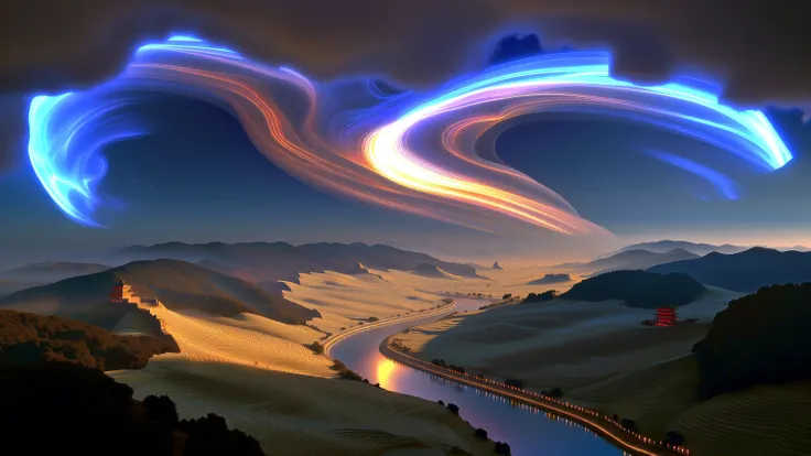 A hyper-realistic sweeping wide cinematic shot of the heavens horizon above old lanscape of China. Hyper-realistic. The scene is...