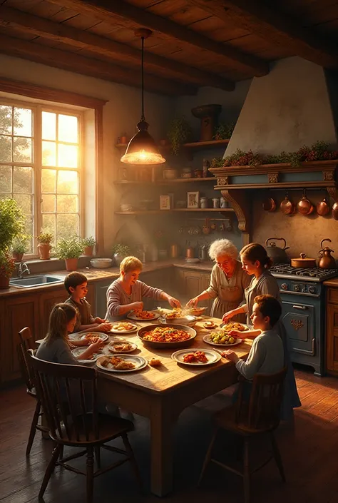 A cozy spacious country-style kitchen, filled with warm evening light. In the center is a large wooden table made of aged oak, s...