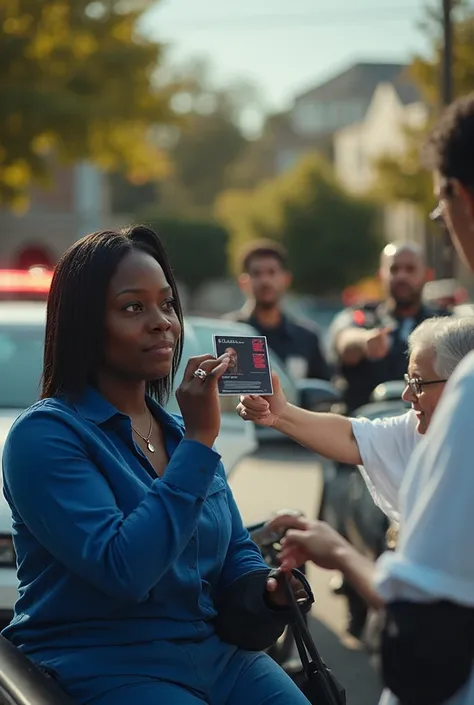 "A dramatic suburban street scene where a confident Black woman in straight short hairs with deep neck royal blue shirt is sitti...
