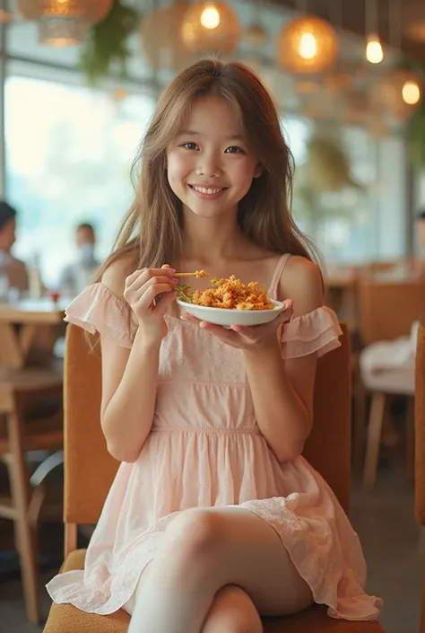 A beautiful teenage girl in a short pastel dress, sitting comfortably on a chair in a modern restaurant, eating a favorite dish,...