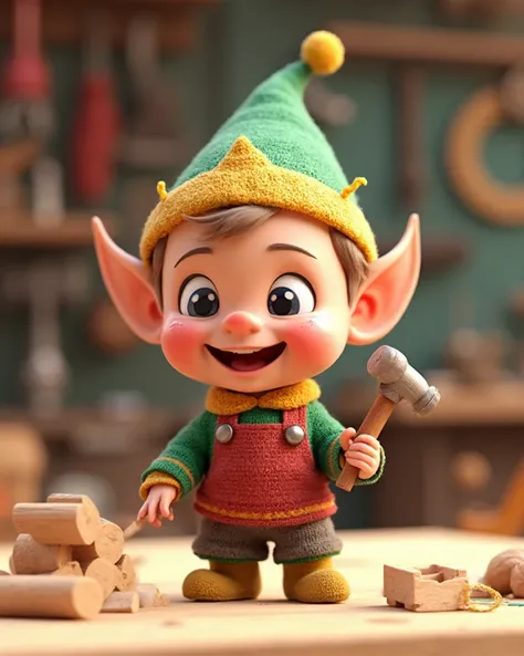 Busy Elf :
3D Pixar style rendering, C4D. A small, energetic elf with pointy ears and a cheerful grin, holding a tiny hammer and...