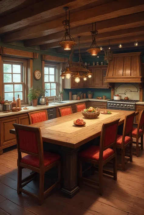 The kitchen has a massive brown table and chairs with cherry-colored seats, plenty of space