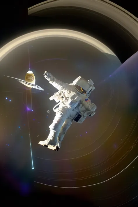 (an astronaut sliding the rings of Saturn like a rail:1.4), (an orbit where ice particles soar:1.3), With the giant Saturn in th...