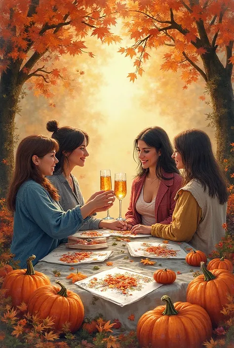 Invitation to a women's workshop on drawing autumn-themed postcards , for example pumpkins, rowan, foliage in a women's circle w...