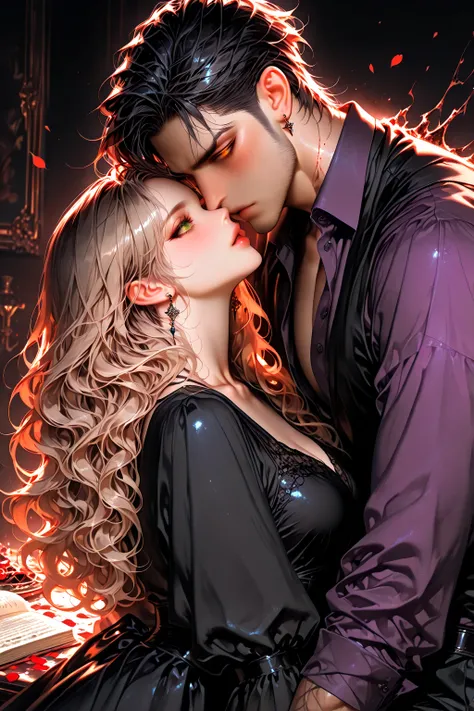 A dark , sensual, romantic dark fantasy scene, pair. Tall young, handsome male vampire with very pale skin.  He has sharp facial...