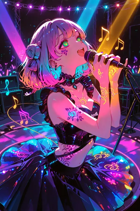 high quality, masterpiece, best quality, anime girl, beautiful face, glowing magical tattoos on skin (vibrant cyan and magenta i...