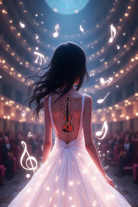 Picture style - Chibi. Ultra-realistic photo. Maximum detail.
In the foreground is the back of a girl in a white-neon evening d...