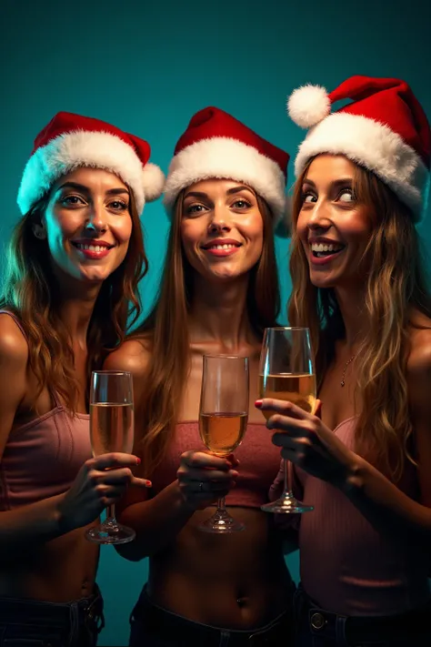 Realistic 3 beautiful girls n 2 men in bright studio light with glasses of champagne in red Santa Claus New Year's hats are havi...
