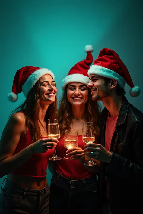 Realistic 3 beautiful girls n 2 men in bright studio light with glasses of champagne in red Santa Claus New Year's hats are havi...