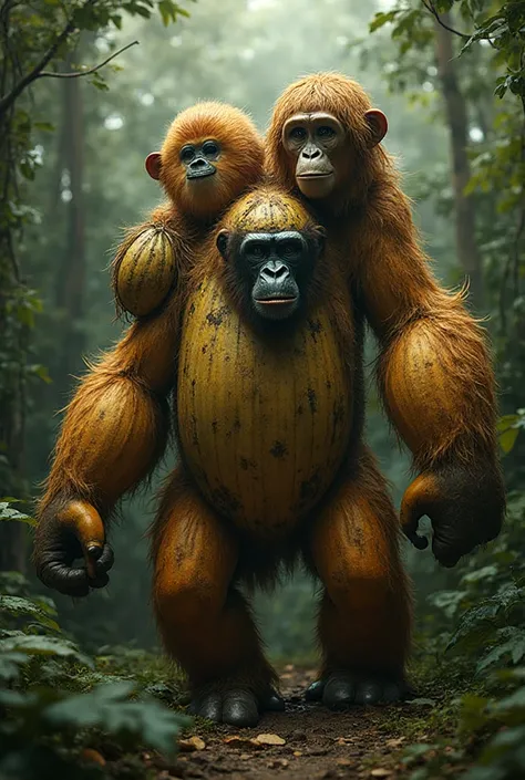 An ape fused with a coconut, a chimpanzee fused with a banana, a gorilla fused with a watermelon, an orangutan fused with a pine...