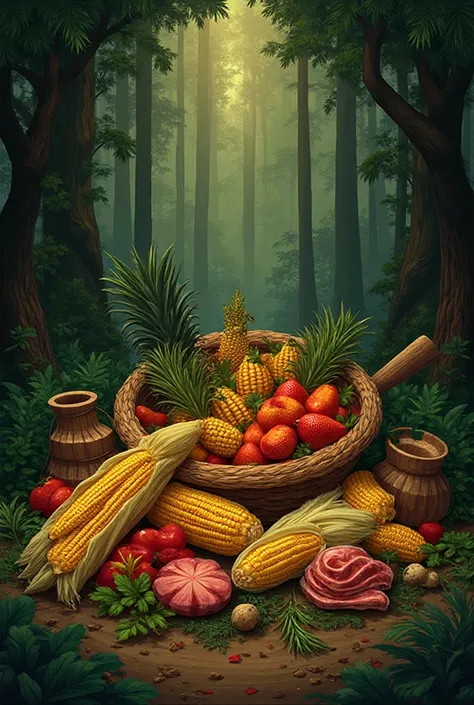 High-quality digital illustration of a traditional offering to Oxóssi, featuring symbolic items like corn with molasses, seasona...
