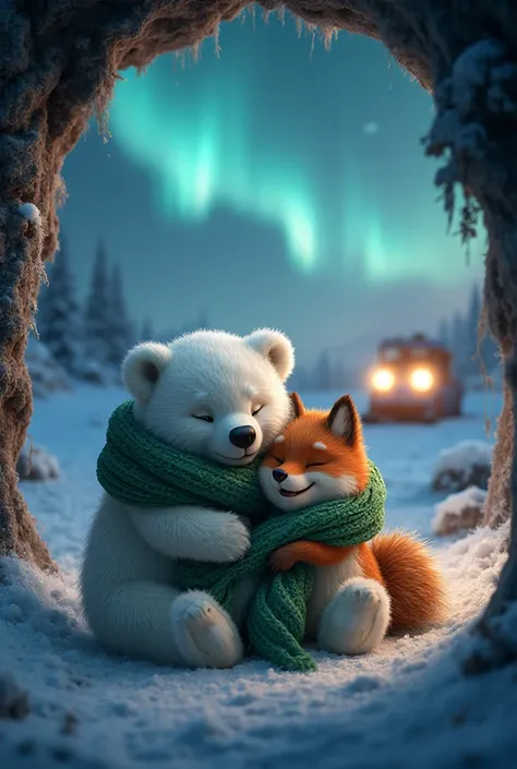 Baby polar bear wrapped in fox’s green scarf, resting peacefully against fox’s chest, fox smiling warmly, snowmobile glowing beh...
