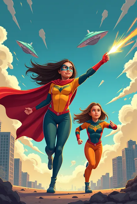 starting from this photo , Create two comic book characters that look a lot like these girls- They must dress as superheroes who...