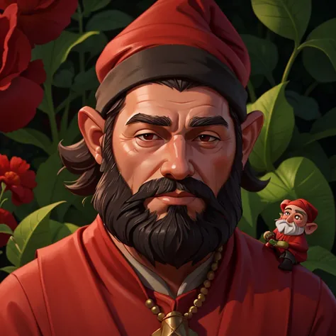 Portrait of a garden gnome dressed in red with a black beard