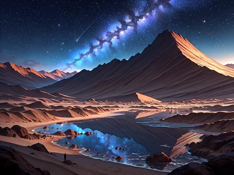 fantasy concept art, ultra-realistic, semi-realistic, panoramic night view of an endless desert, colossal dunes under the silver...