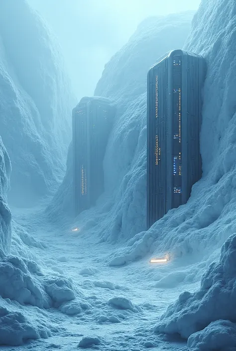 A secret base in Antarctica, futuristic buildings hidden in ice, subtle glowing lights, mysterious and slightly ominous mood, ci...