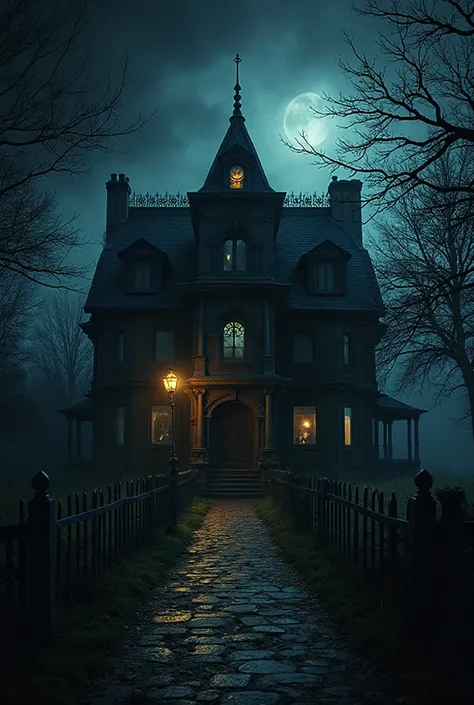 house of arafed with a clock in the front at night, location of a dark and old house, haunted house,  spooky mansion , haunted h...