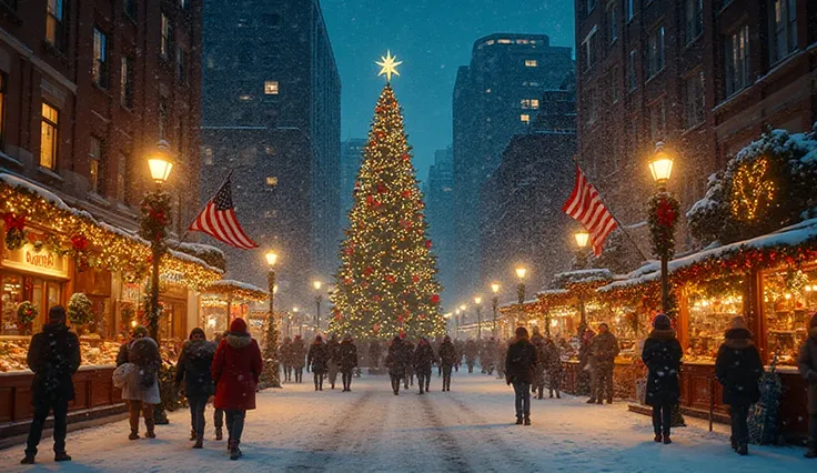 A festive Christmas holiday scene in the USA, HDR photorealistic style. A lively city street decorated with glowing holiday ligh...