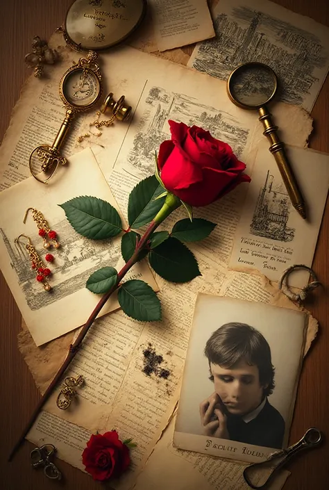 a rich, vintage-style flat lay composition with a strong atmosphere of mystery and romance. Everything is arranged on a warm woo...