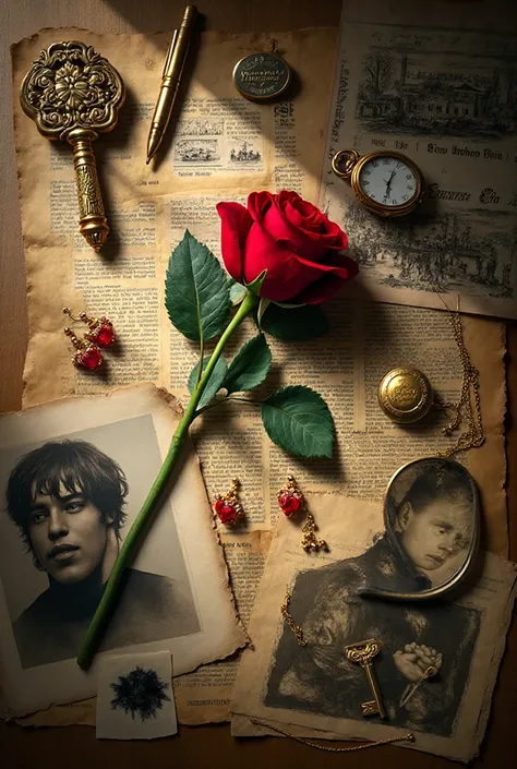 a rich, vintage-style flat lay composition with a strong atmosphere of mystery and romance. Everything is arranged on a warm woo...