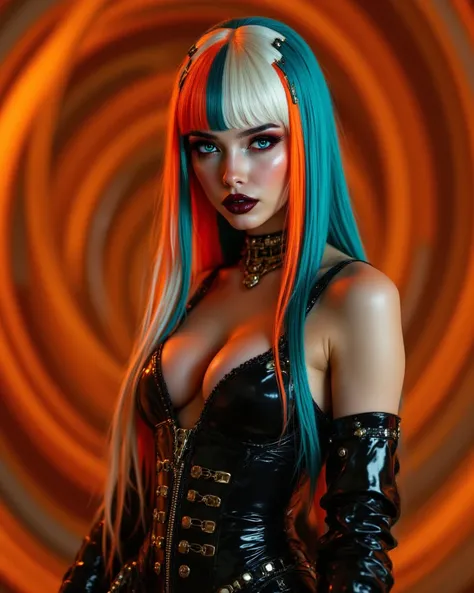 A highly attractive futuristic and avant-garde woman, with long, sleek, geometric hair dyed in bold color sections: electric tur...