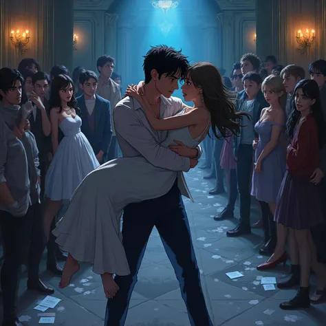 Anime-style scene, indoor luxurious setting with soft, ambient blue lighting. In the foreground, a young man (Agustin) holding h...