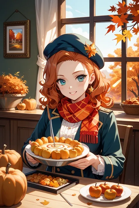 "A cute girl with curly hair, styled in a soft gradient of black to brown, wearing a beret and focusing intently on drawing a de...