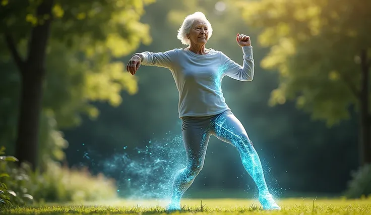 Senior woman exercising in the park, legs glowing with blue digital energy lines showing strength and mobility.
