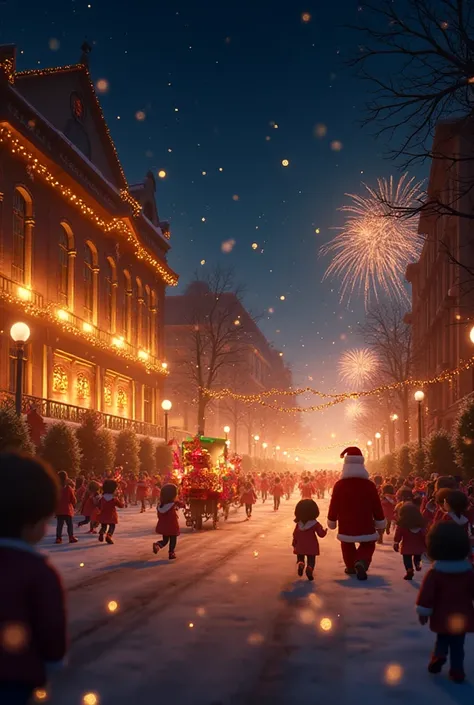 Un animated short film begins with a large plan of the illuminated façade of the Integrated School, adorned with warm lights, go...