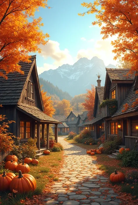 “A peaceful autumn village with cozy wooden cottages, trees full of orange and golden leaves, smoke rising from chimneys, and a ...