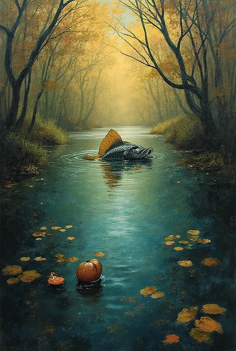 Please create an expressionist painting that includes a river fig and a catfish, where the catfish represents the idea that the ...