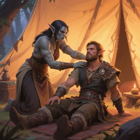 Massagista orc, female orc, corpo bonito, de pele cinza, Massaging adventurous man lost in his tent