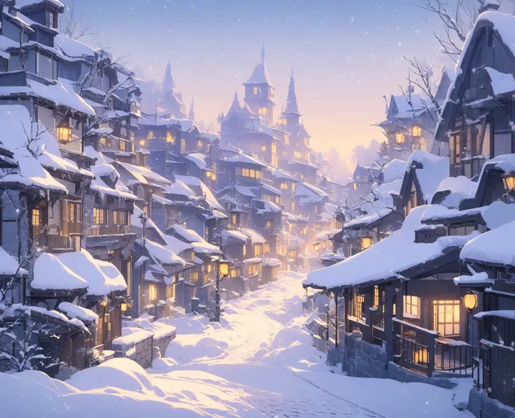 A serene winter town covered in fresh snow. Narrow cobblestone streets wind between old houses with steep rooftops blanketed in ...