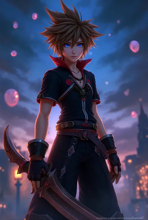 A highly detailed digital painting of Sora from Kingdom Hearts II, standing heroically with the Keyblade in hand. He wears his K...
