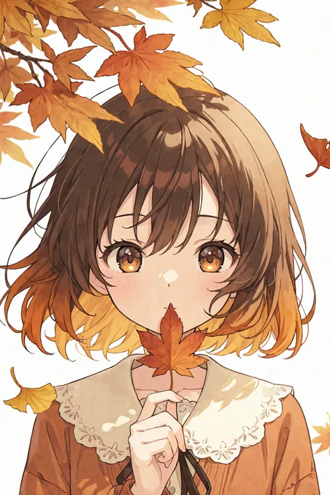 1girl, white background, soft autumn-colored clothes, holding a single falling leaf, minimalistic, subtle autumn mood, anime sty...