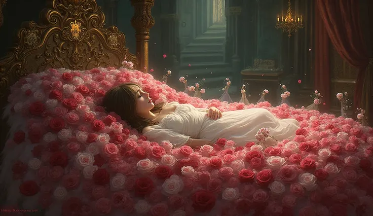 “Princess lying on a rose-covered bed in the castle, surrounded by fairies with sad expressions, magical glow around her, peacef...
