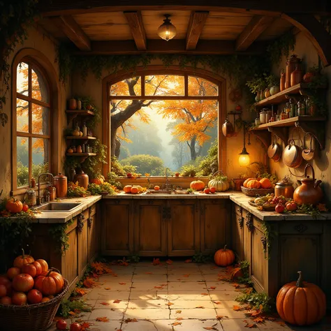 A cozy rustic kitchen set in an enchanted autumn forest, with warm, golden sunlight filtering through large windows and casting ...