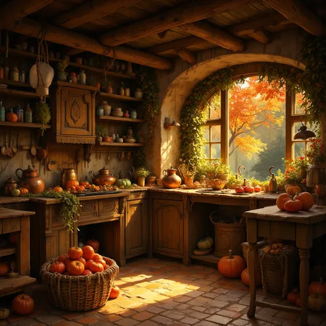 A cozy rustic kitchen set in an enchanted autumn forest, with warm, golden sunlight filtering through large windows and casting ...