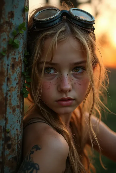 Close portrait scene of girl with amber eyes looking away from tattoo, dirty goggles and scratches pushing up tangled blond hair...