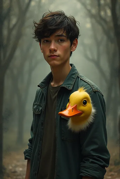 
A young man with a duck mask on his sleeve Darck