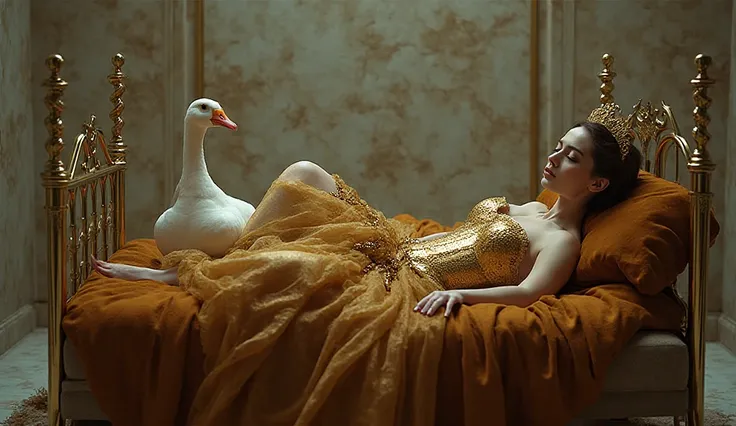 A woman is dressed in an ornate gold outfit, complete with a corset and a voluminous skirt adorned with intricate details. It is...