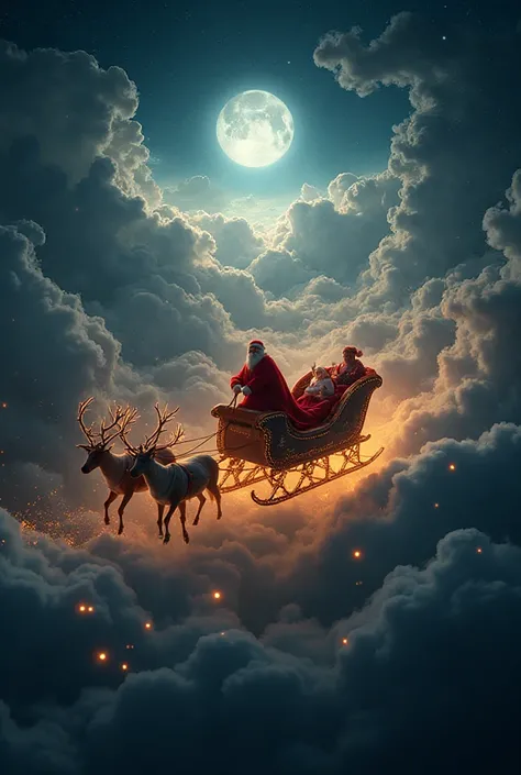 Santa’s sleigh soaring through glowing clouds at night, moonlight shining through, reindeer silhouettes outlined by stars, fairi...